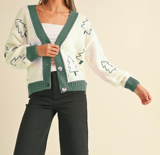 PREORDER Women's Tree Embroidered Cardigan - Ivory Green